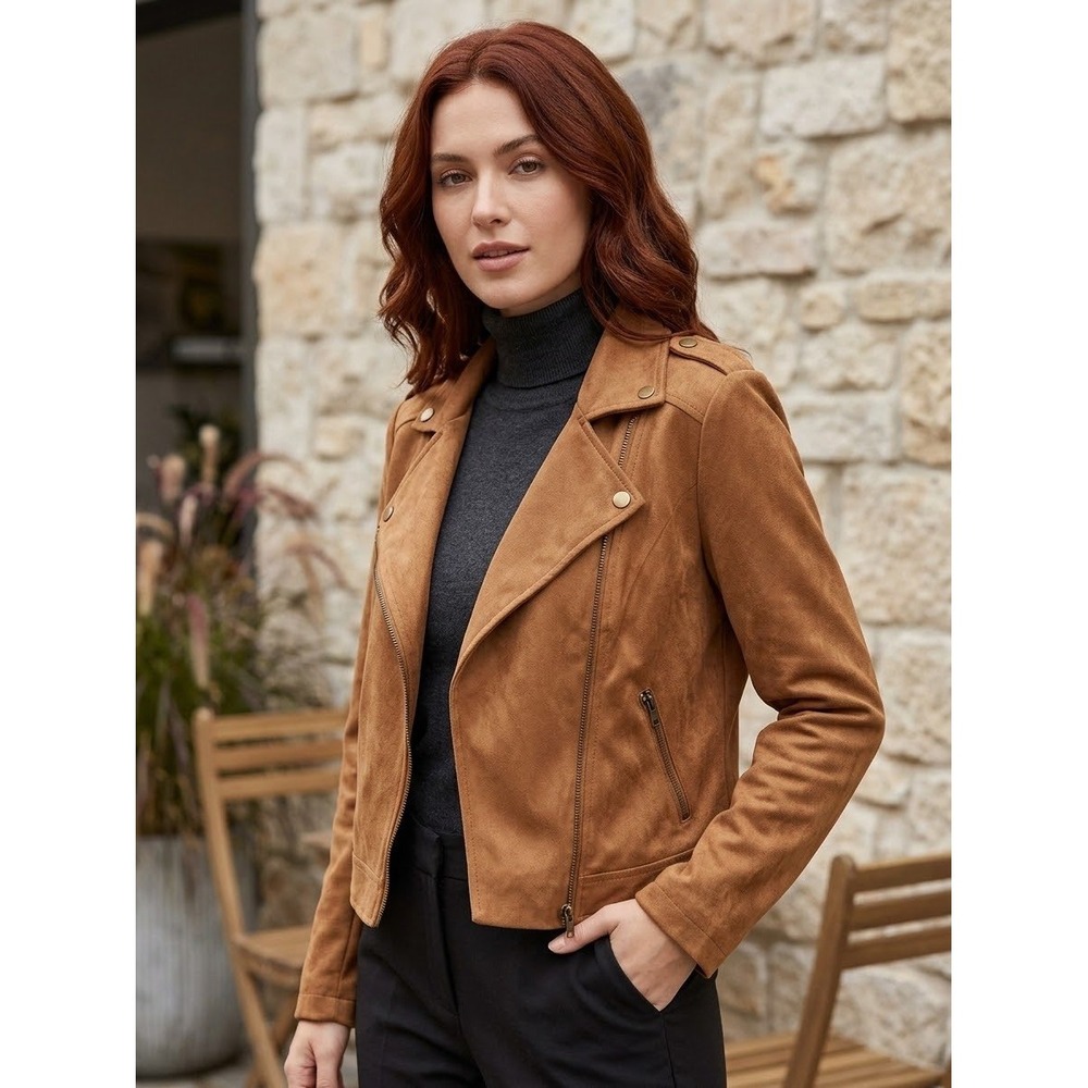 Ellison Boutique Women's Camel Brown Faux Suede Moto Jacket Asymmetric Zip Small